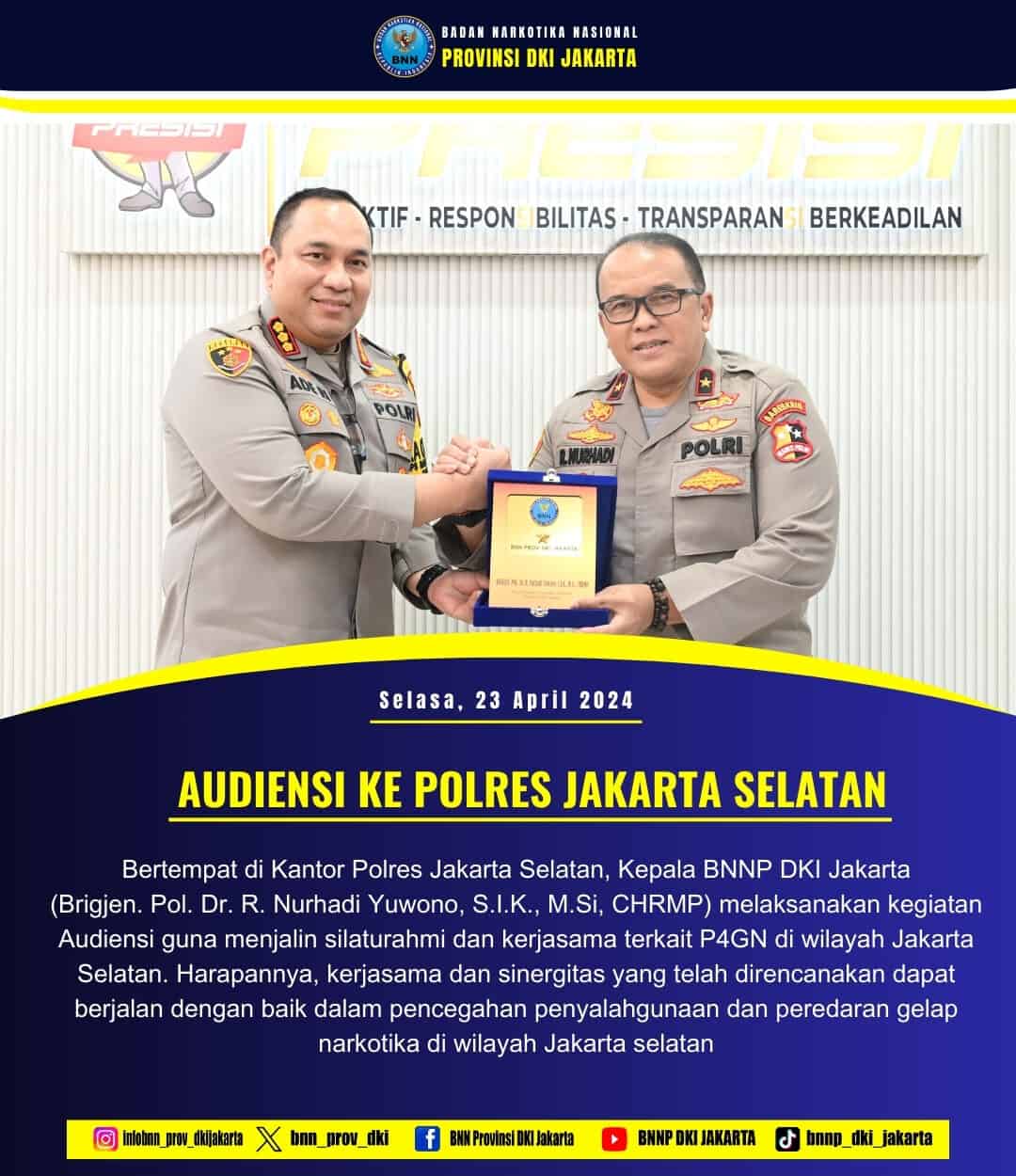 KUNJUNGAN KEPALA BNNP DKI JAKARTA KE POLRES JAKARTA SELATAN ARAHAN KEPALA BNNP DKI JAKARTA KEPADA PEGAWAI BNNK JAKARTA SELATAN