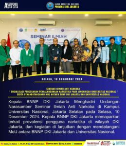 BNNP DKI JAKARTA HADIRI SEMINAR ILMIAH ANTI NARKOBA DAN SOSIALISASI P4GN DI UNIVERSITAS NASIONAL BNNP DKI JAKARTA HADIRI SEMINAR ILMIAH ANTI NARKOBA DAN SOSIALISASI P4GN DI UNIVERSITAS NASIONAL