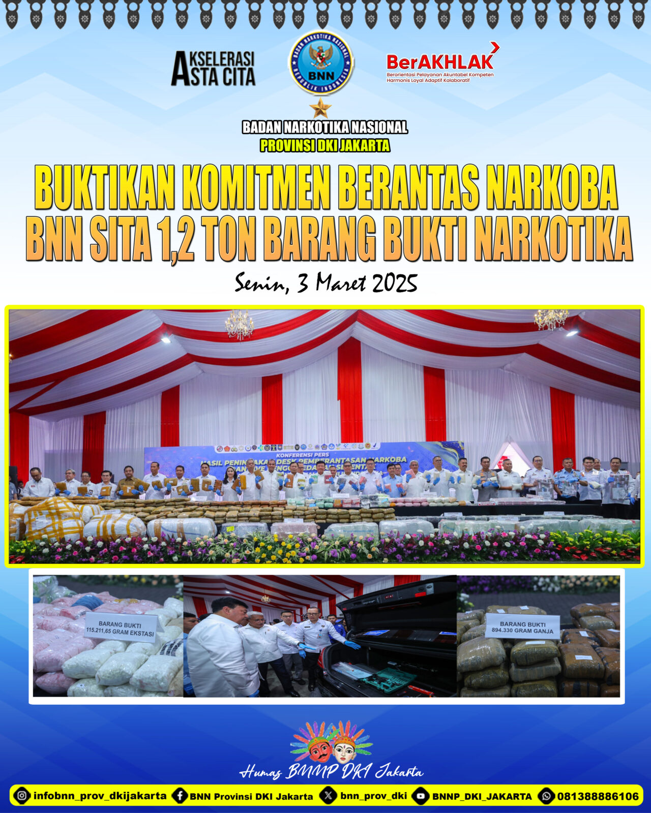 SIARAN PERS BUKTIKAN KOMITMEN BERANTAS NARKOBA BNN SITA 1,2 TON BARANG BUKTI NARKOTIKA SIARAN PERS BUKTIKAN KOMITMEN BERANTAS NARKOBA BNN SITA 1,2 TON BARANG BUKTI NARKOTIKA
